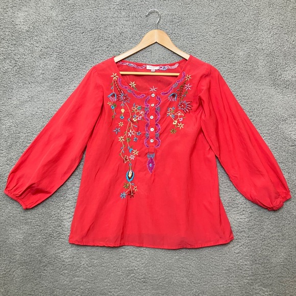 Tops - Y2K Vtg Luv2luv Top Women L Hot Pink Coral Embroidered Flowers Summer Colors 90s